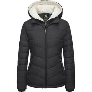 Women's Fabric Fleece Hooded Black Puffer Quilted Jacket Coats Winter Warm